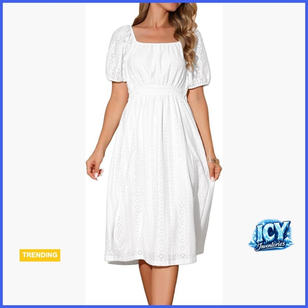 Polyester Spandex Eyelet Square Neck Short Sleeve A Line Midi Dress